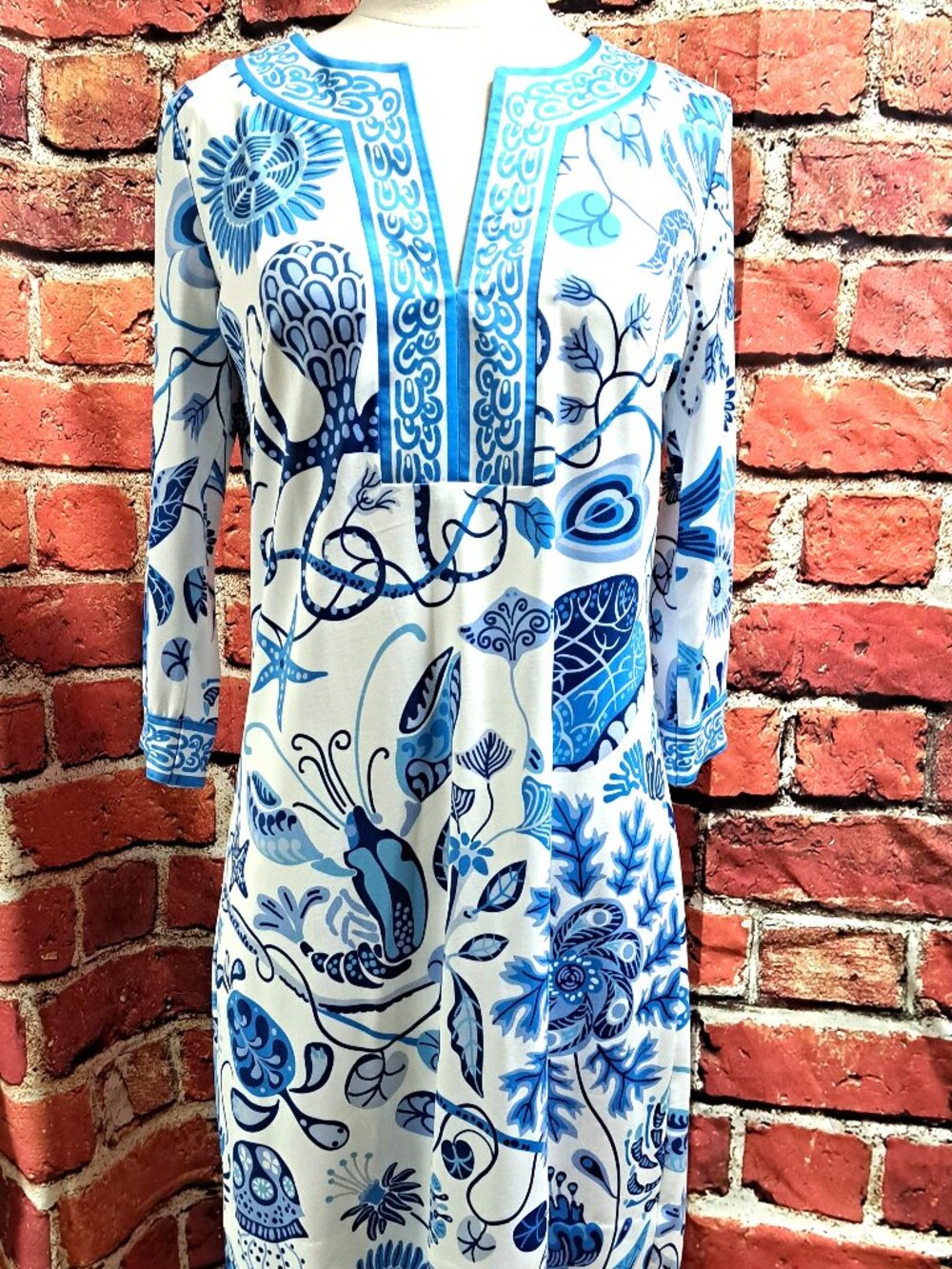 GRETCHEN SCOTT NWT LADIES KNIT DRESS BLUE & WHITE FLORAL PAISLEY DESIGN SIZE SM